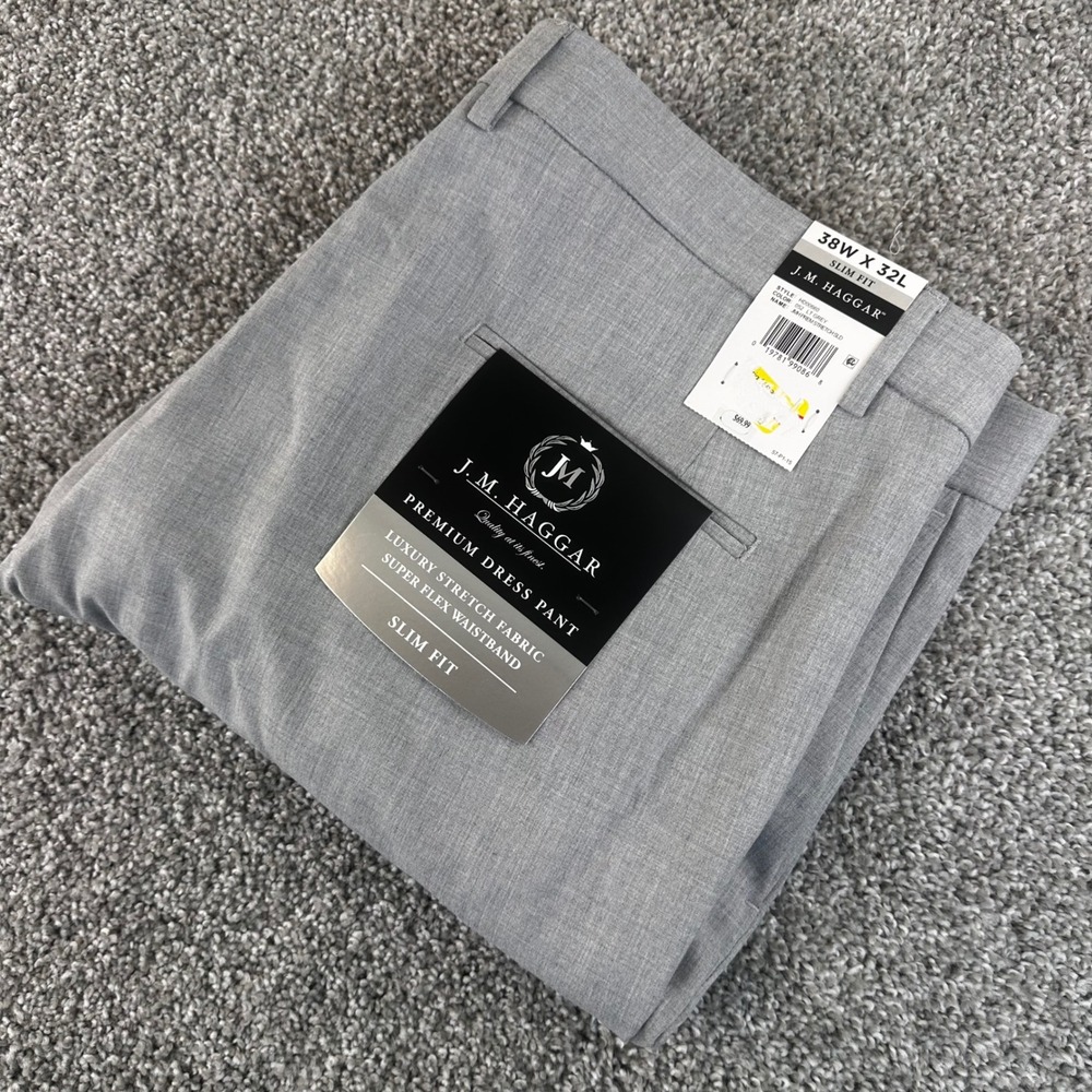 J.M. Haggar Dress Pants Men 38x32 Light Grey Slim Fit Premium Stretch Office NEW